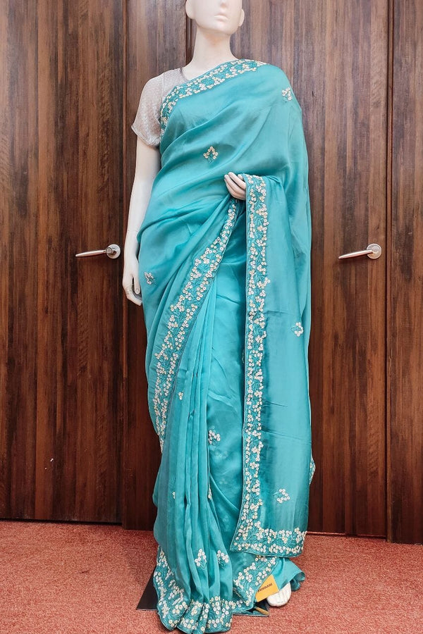 Organza Saree In Blue With Hand Embroidered