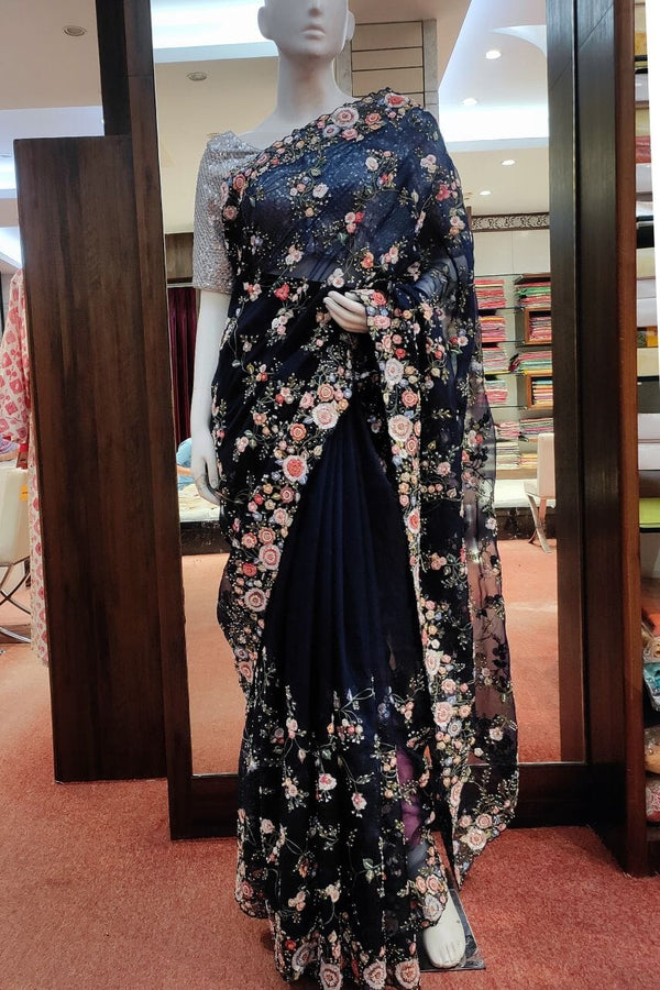 Organza Saree In Dark Blue With Sequins Embroidered