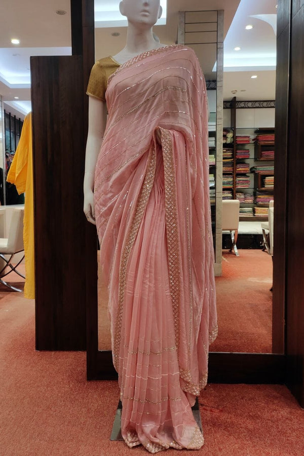 Organza Saree In Light Pink For Diwali