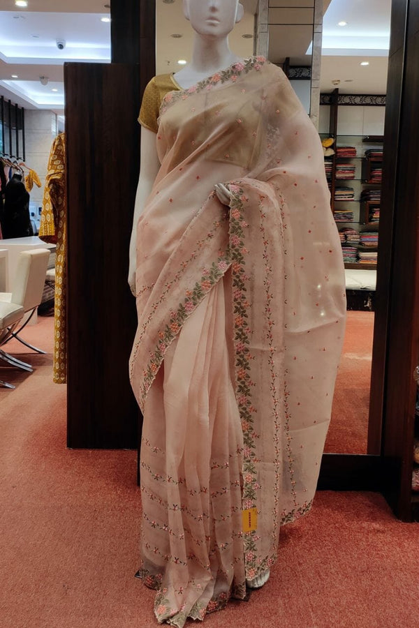Organza Saree In Light Pink With Embroidery