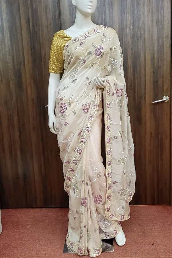 Organza Saree In Off-White With Sequins Work