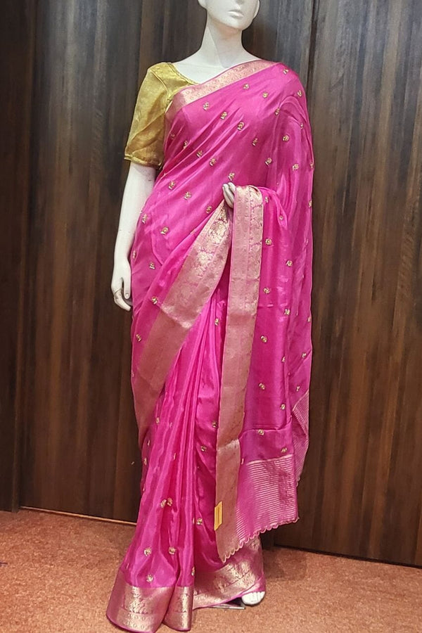 Organza Saree In Pink With Zari Border