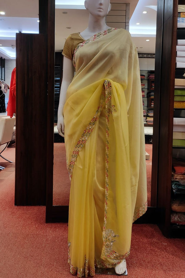Organza Saree In Yellow Color