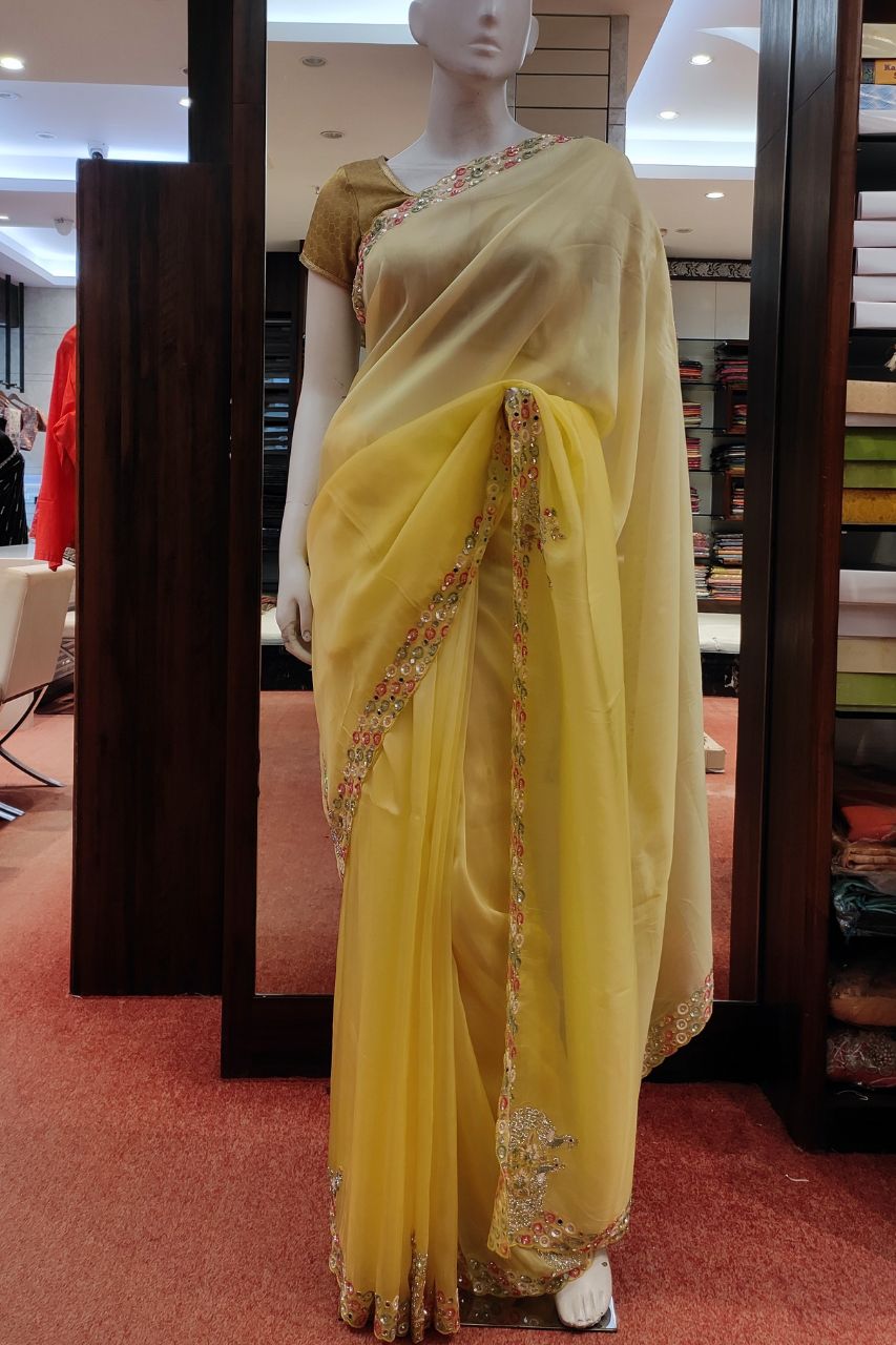 Organza Saree In Yellow Color
