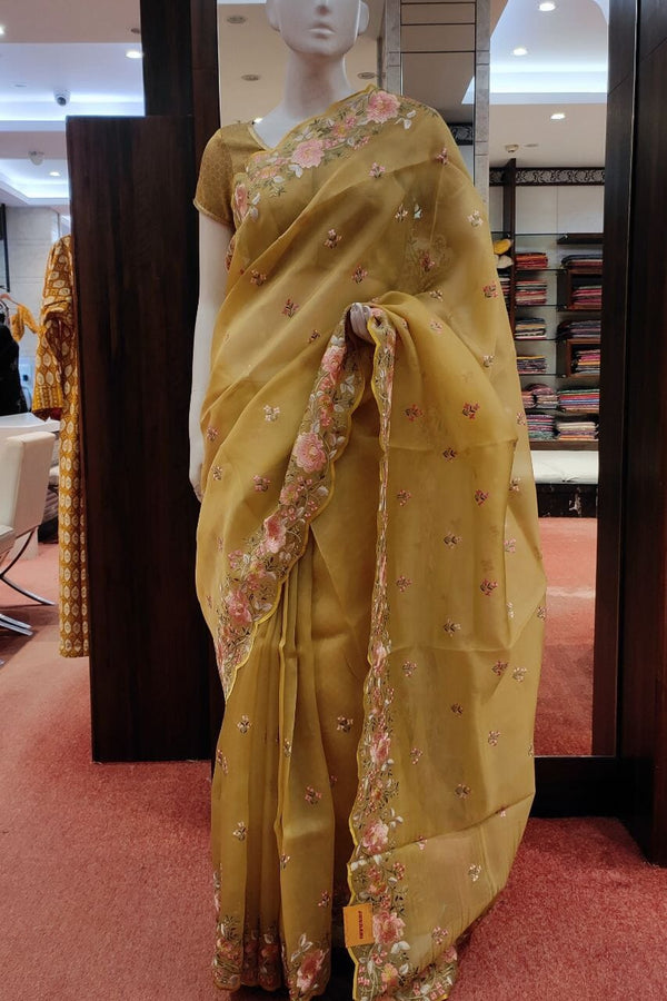 Organza Saree In Yellow Color