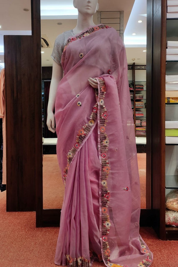 Organza Saree With Hand Embroidered Border