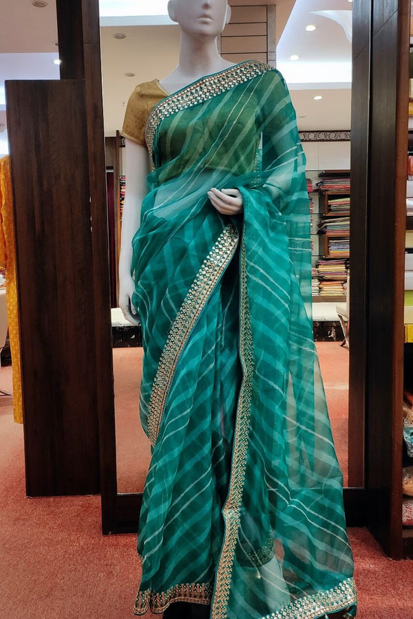 Organza Saree With Leheriya Printed In Green