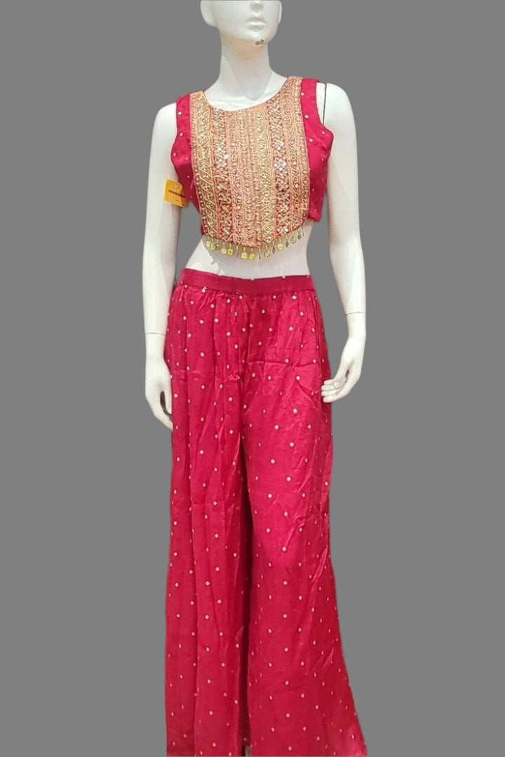 Palazzo With Crop Top and Dupatta- Rani Color