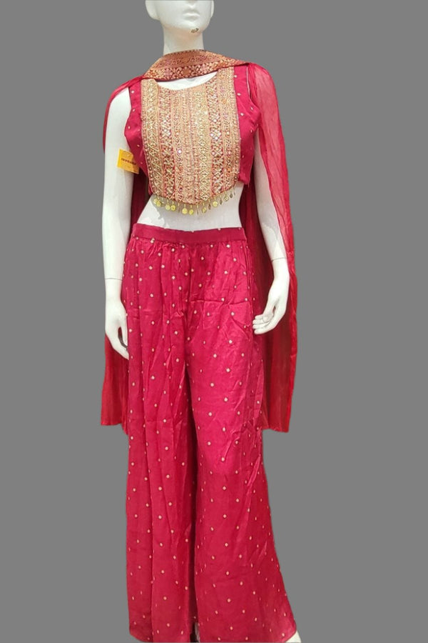 Palazzo With Crop Top and Dupatta- Rani Color