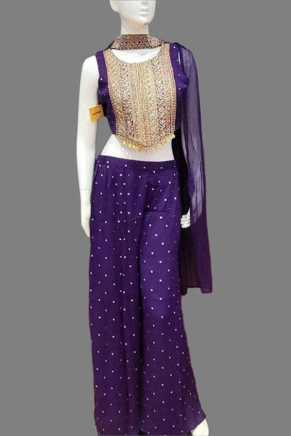 Palazzo With Crop Top and Dupatta- Indigo Colour