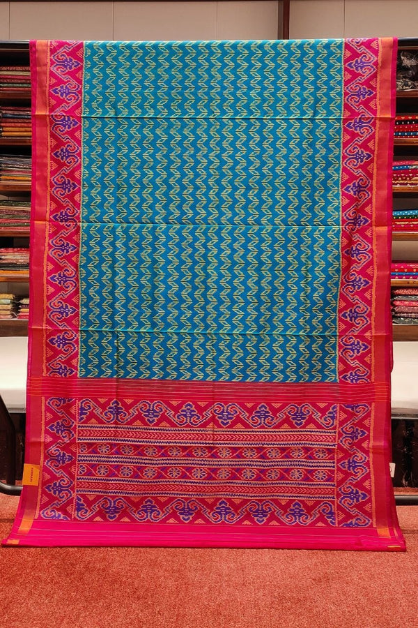 Patola Printed Silk Saree In Blue With Contrast Border