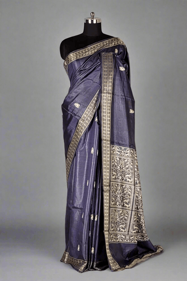 Pichwai Tussar Silk Saree in Blue Colour
