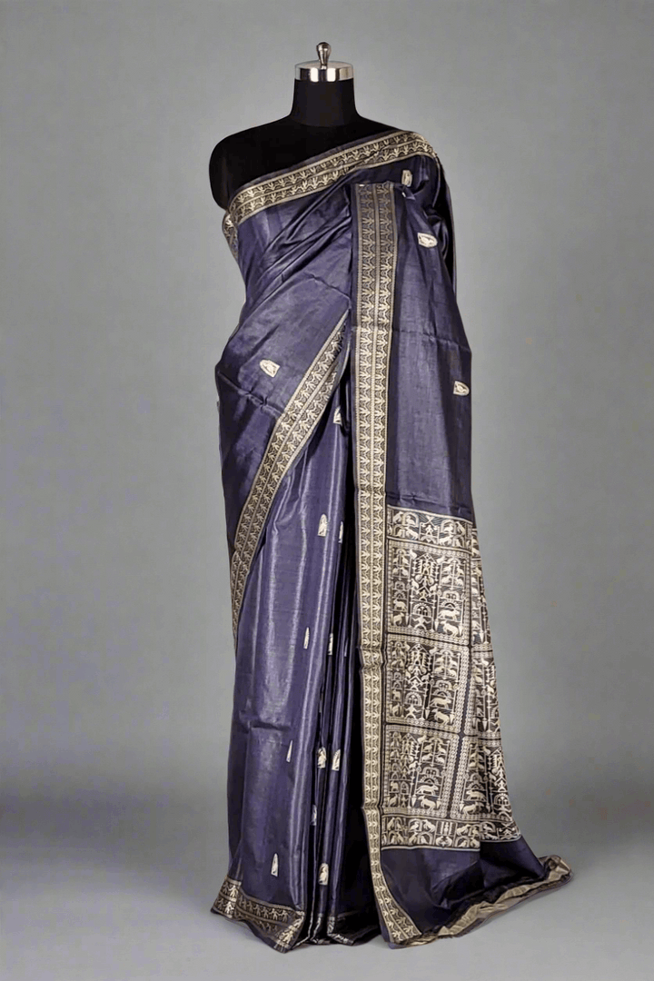Pichwai Tussar Silk Saree in Blue Colour
