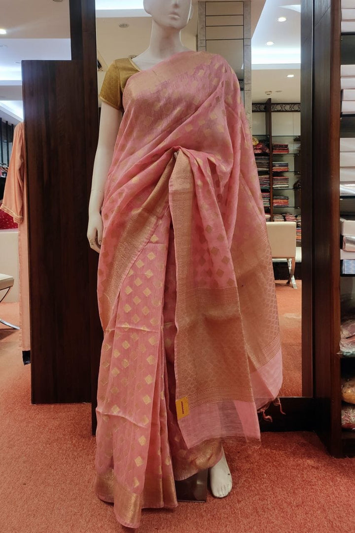 Pink Linen Saree With Zari Work