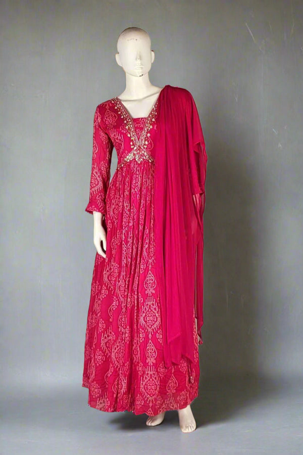 Pink Gown With Bandhani Prints and Dupatta