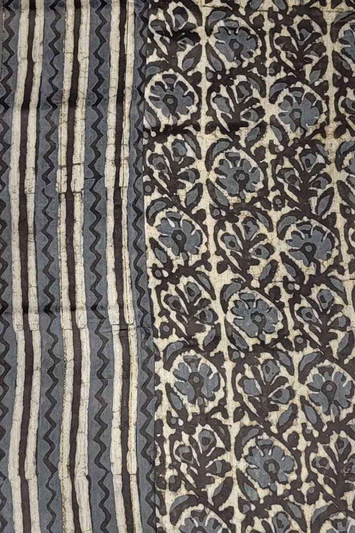 Bagru Hand Block Printed Saree- Grey Chanderi