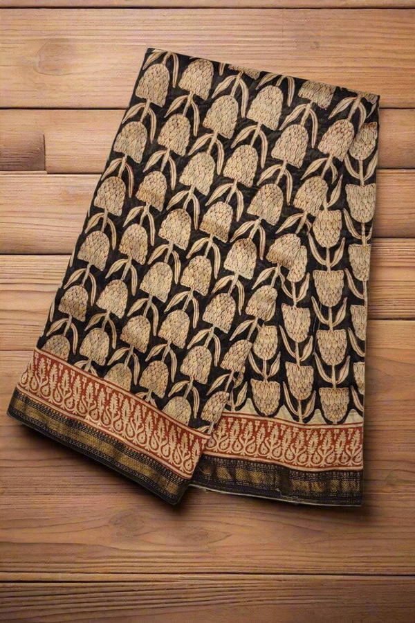Bagru Printed Saree in Chanderi Cotton- Black