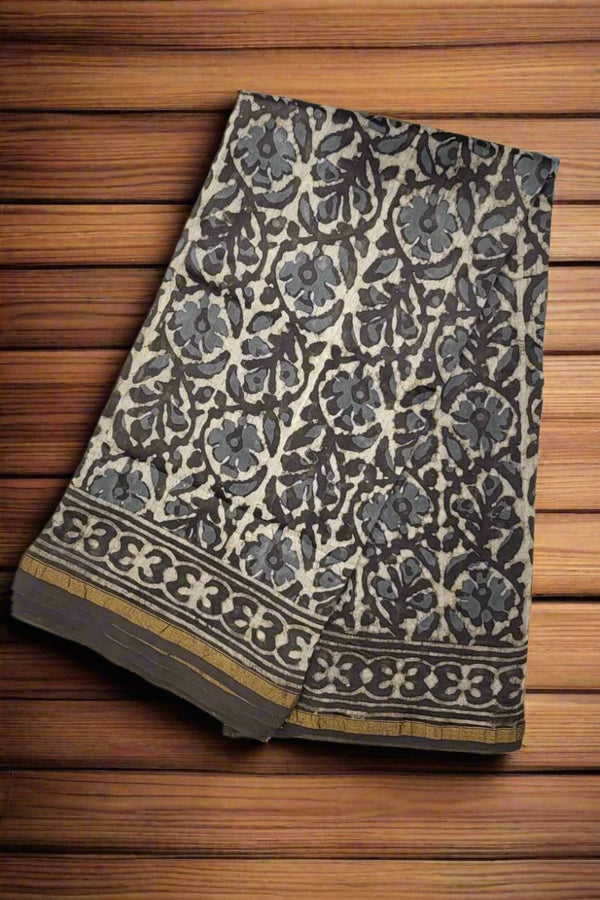 Bagru Hand Block Printed Saree- Grey Chanderi