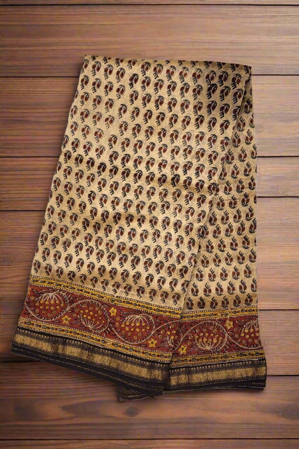 Ajrakh Saree in Chanderi Cotton- Beige Colour