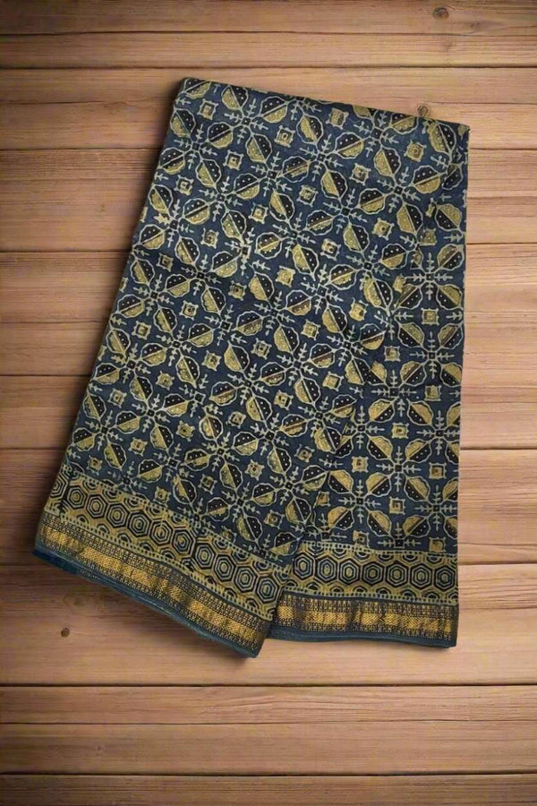 Bagru Hand Printed Saree- Blue Chanderi