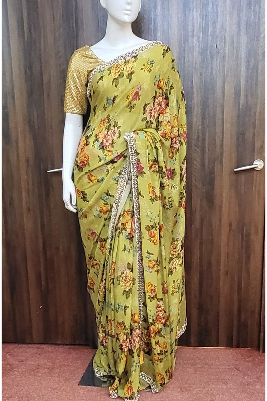 Printed Crepe Silk Saree In Yellow