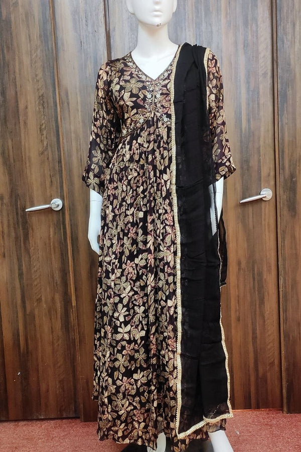 Printed Gown In Wine For Diwali