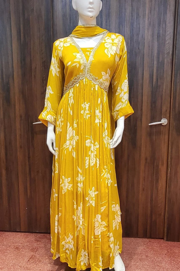 Printed Gown In Yellow Color