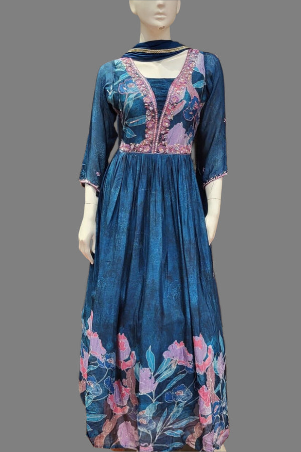 Party Wear Gown with Floral Prints- V Neck