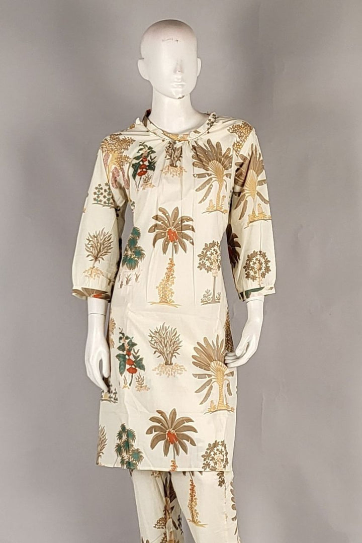 Cotton Kurti Pant Set for Women- Off White Colour