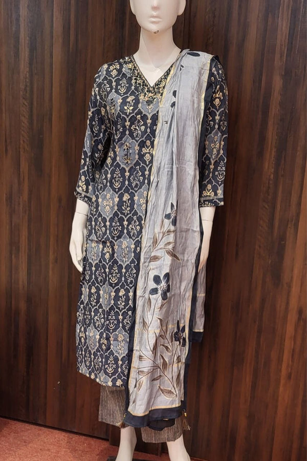Printed Kurta Set in Dark Blue Color