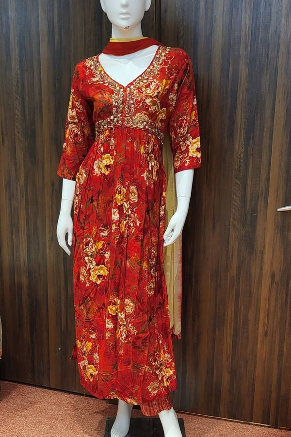 Printed Kurta Set in Red Color