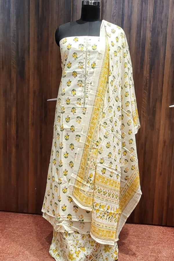 Printed Salwar Suit Piece In White Color