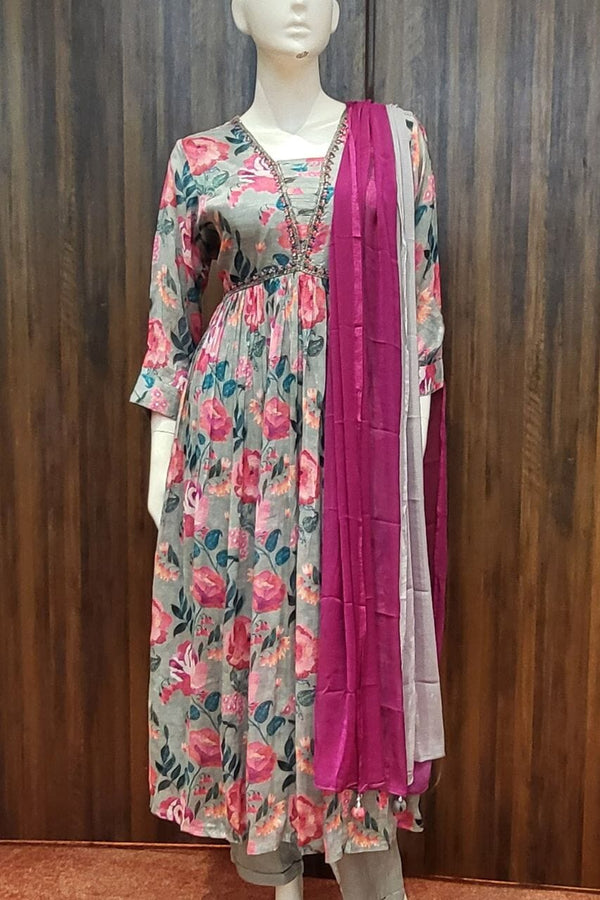 Printed Sharara Set In Grey Color