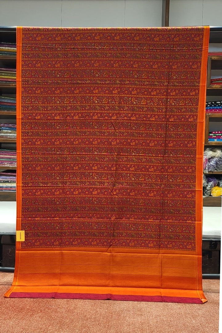 Printed Habotai Silk Saree- Red Orange Colour