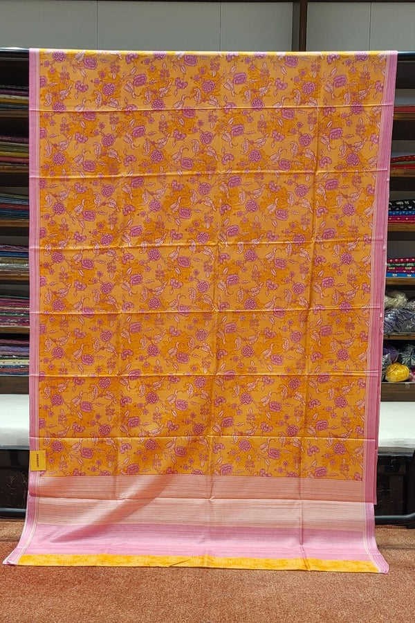 Printed Habotai Silk Saree Yellow Orange Colour