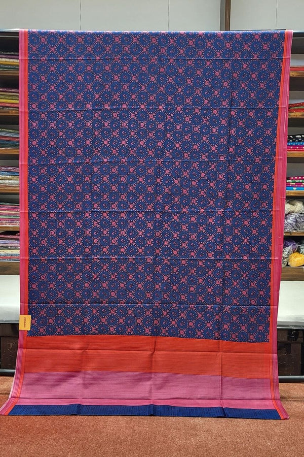 Printed Mulberry Silk Saree- Dark Blue Colour
