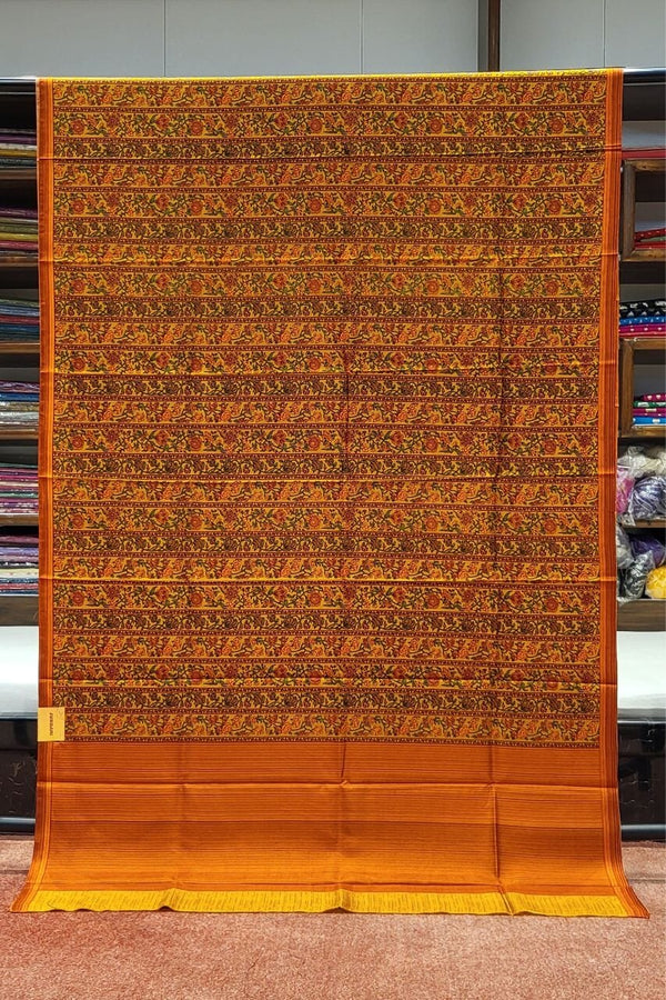 Habotai Silk Saree with Floral Prints in Red Orange Colour 