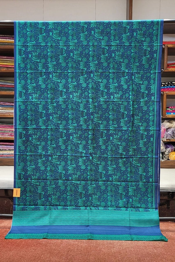 Mulberry Silk Saree with Cow Motif Mixed Blue Colour