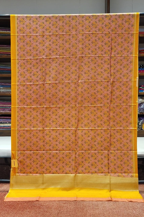 Printed Habotai Silk Saree with Plain Pallu- Peach Colour