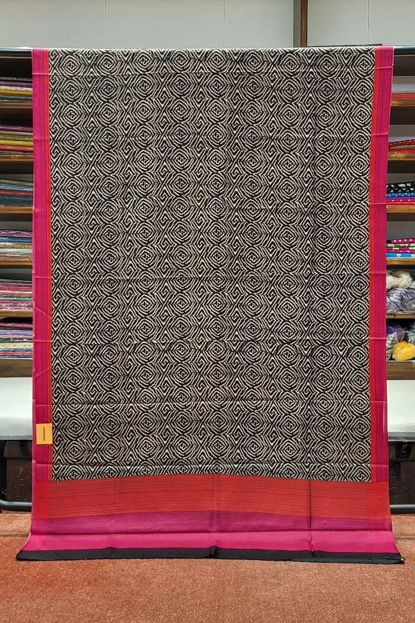 Printed Mulberry Silk Saree- Black and Pink