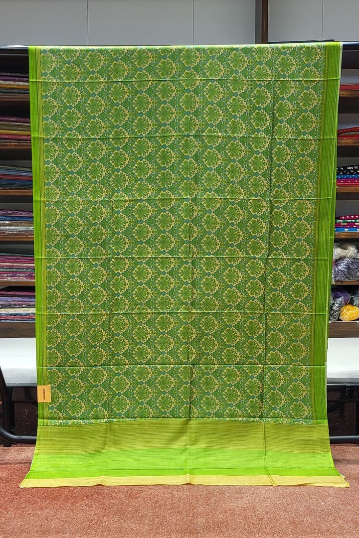 Printed Mulberry Silk Saree Green Colour