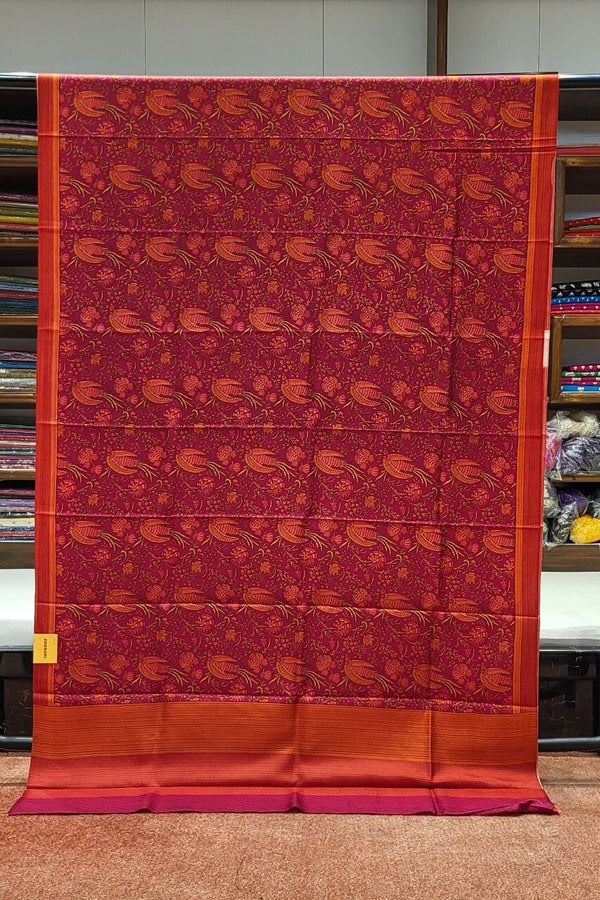 Mulberry Printed Silk Saree in Ruby Red Colour