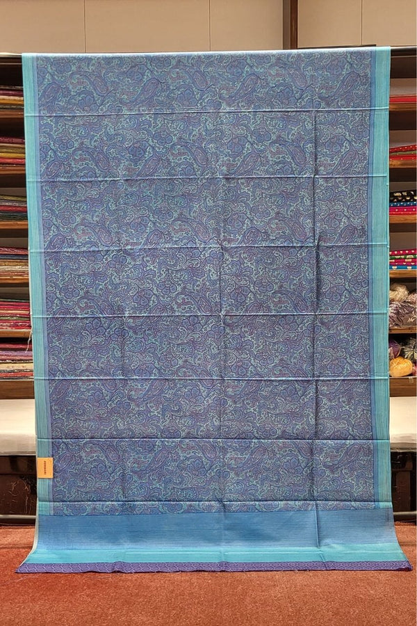 Mulberry Printed Silk Saree Blue Colour
