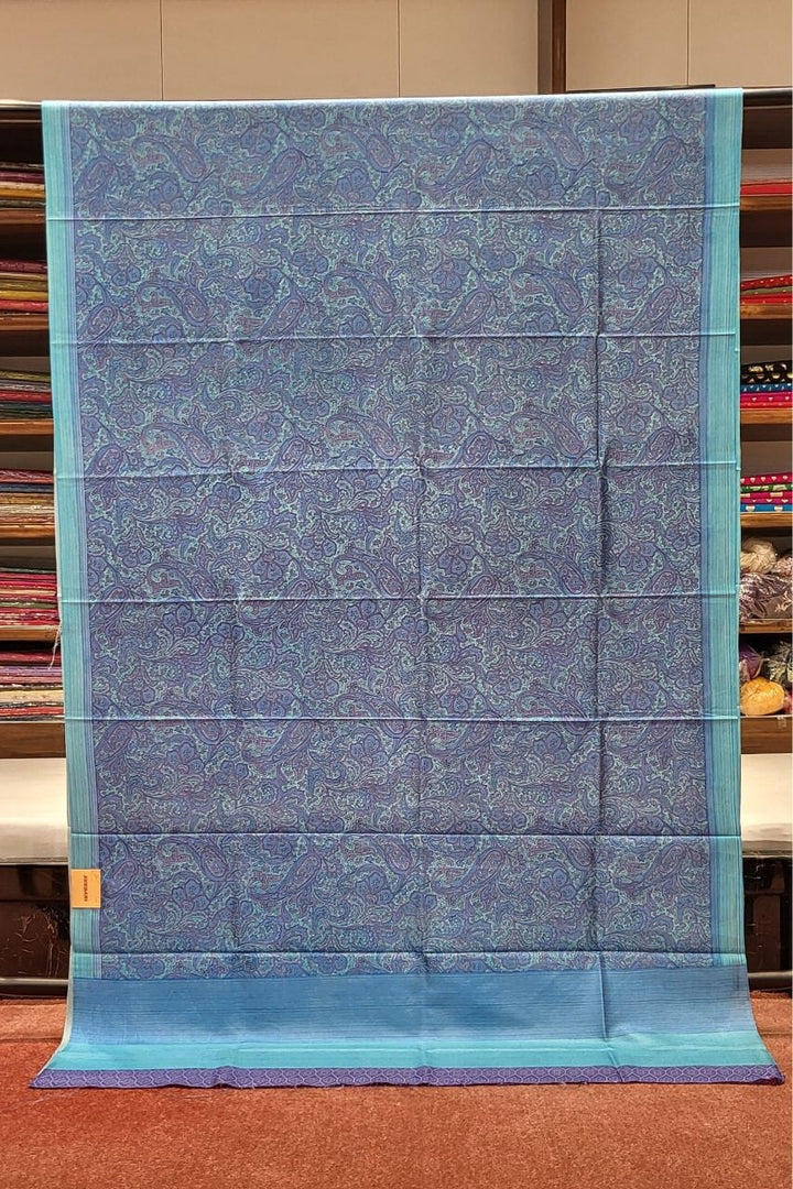 Mulberry Printed Silk Saree Blue Colour