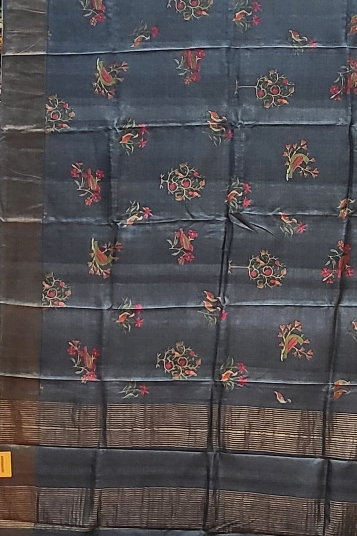 Kalamkari Tussar Silk Saree in Dark Grey Colour