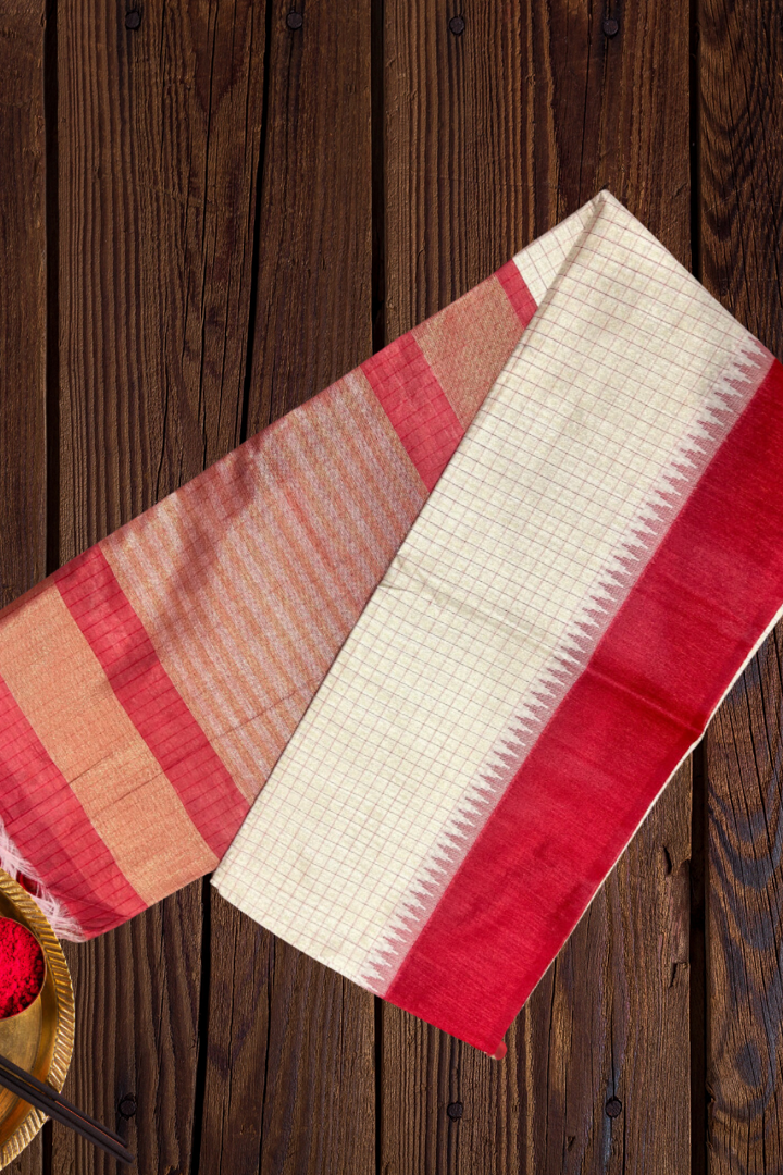 White and Red Ashtami Saree in Art Silk