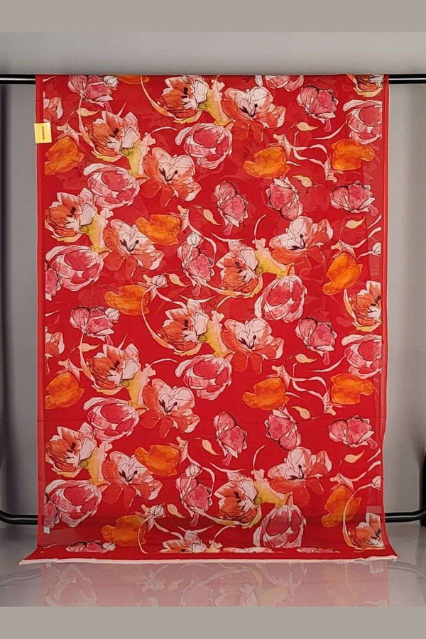 Red Chiffon Printed Saree with Blouse Piece