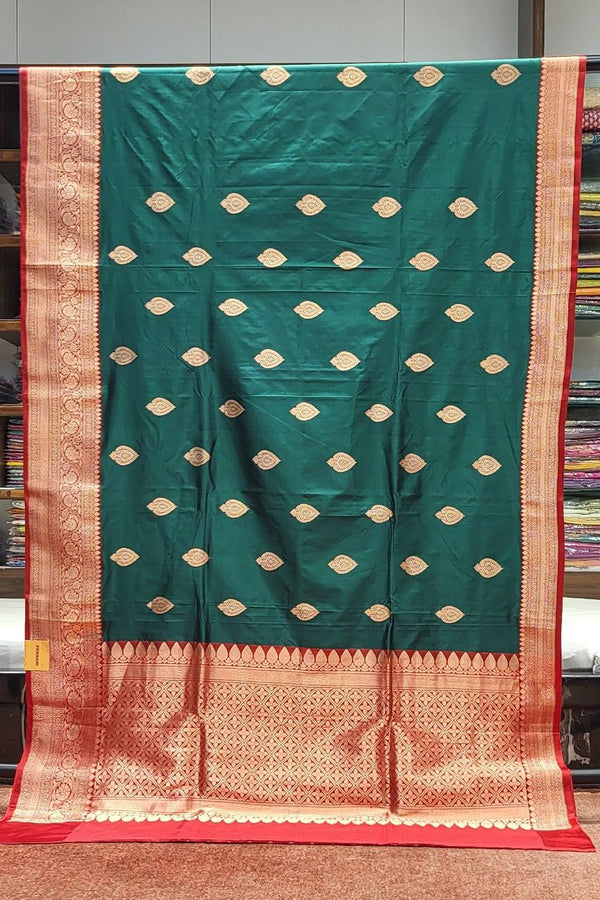 Banarasi Katan Silk Saree In Green With Red Border