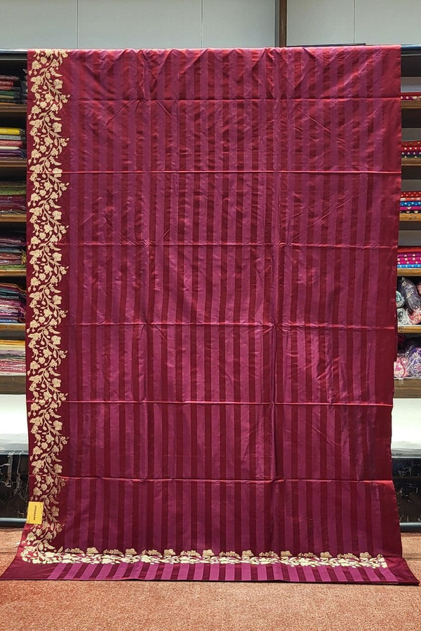 Striped Pure Katan Silk Saree- Embroidered Border