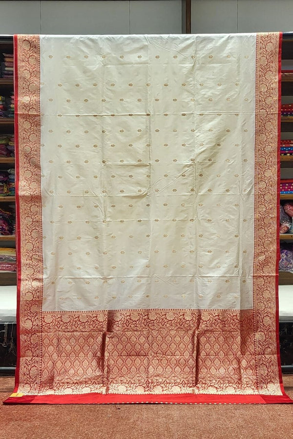 Lal Par Katan Silk Saree- Booti Work
